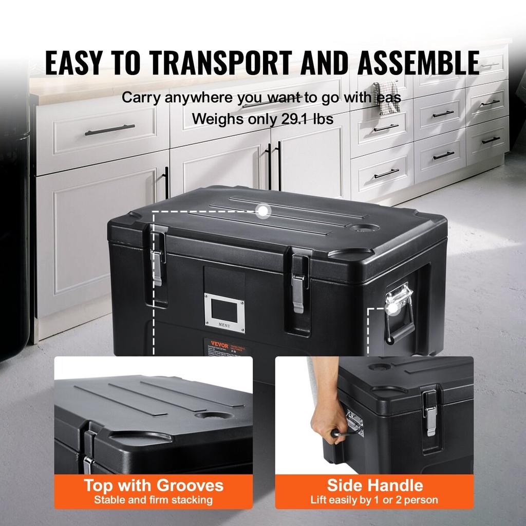 Insulated Food Pan Carrier, 36Qt Capacity, Stackable Catering Hot Box with 3 Stainless Steel Pans, Top Load LLDPE Food Warmer with Elastic Side