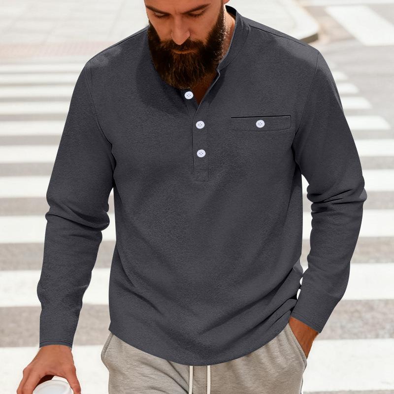 Men Solid Color Long Sleeve Round Neck Button Decor Casual Loose Polo Shirt