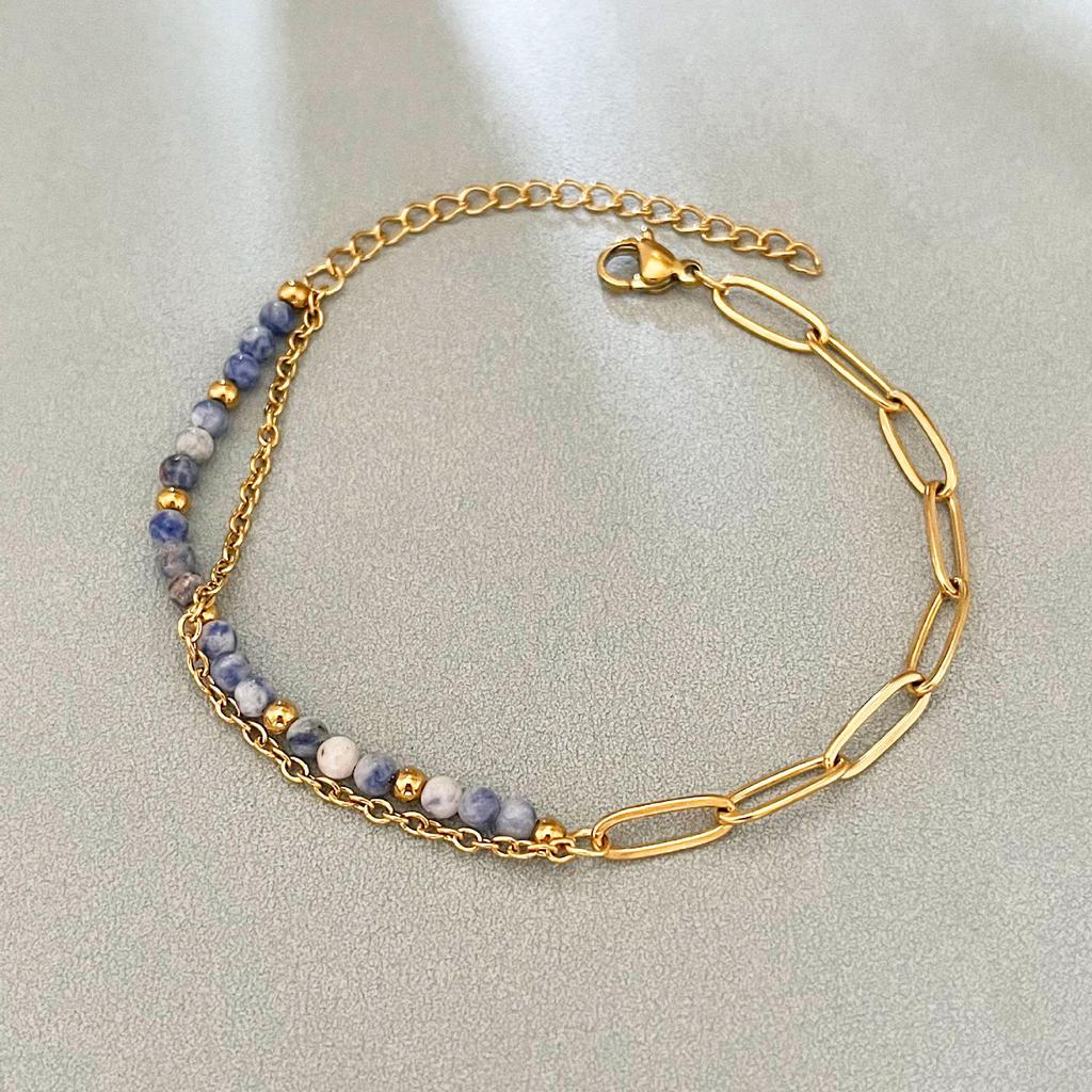 Elegant 18k Gold-Plated Stainless Steel Bracelet with Natural Stone Inlay - Trendy and Fade-Resistant for Women