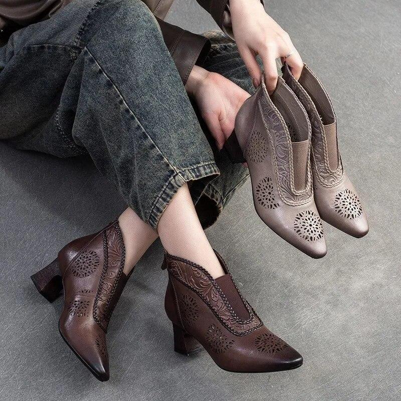 Johnature Sandals Genuine Leather Breathable Hollow-out Boots Retro Pointed High Heel Commuter Women's Shoes