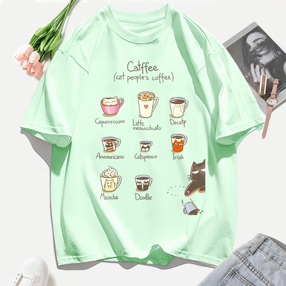 Cat People'S Coffee Illustration Printing T-Shirt Woman Summer Cotton T Shirts Y2K Soft Comfortable Top Unisex Hip Hop Clothes