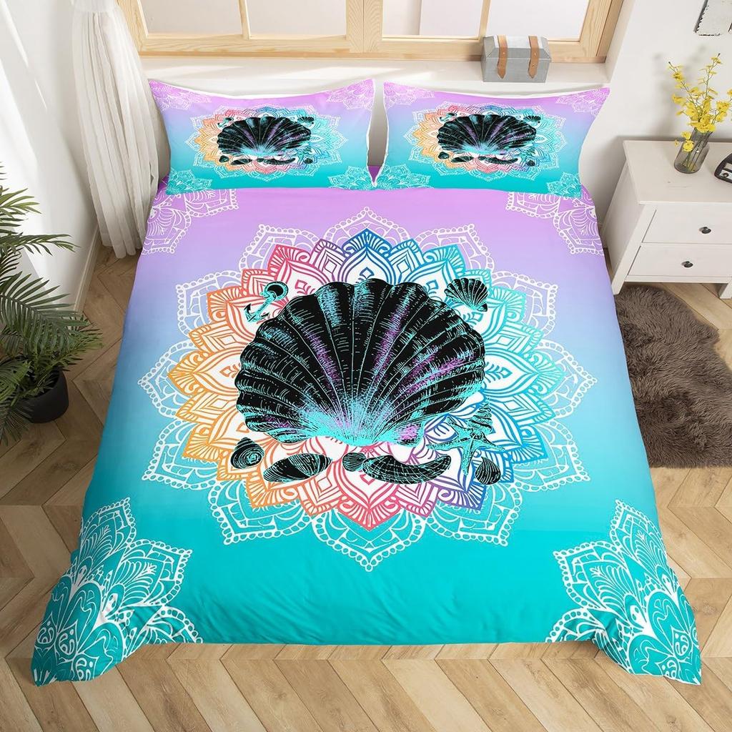 Starfish Duvet Cover, Boho Mandala Flower Bedding Set for Boys Girls,Ocean Animal Comforter Cover, Exotic Geometric Quilt Cover