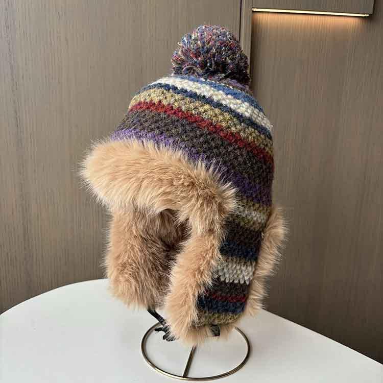 Northeast plush cute ear protection hat women's winter warm knitted wool headgear retro color striped Lei Feng hat