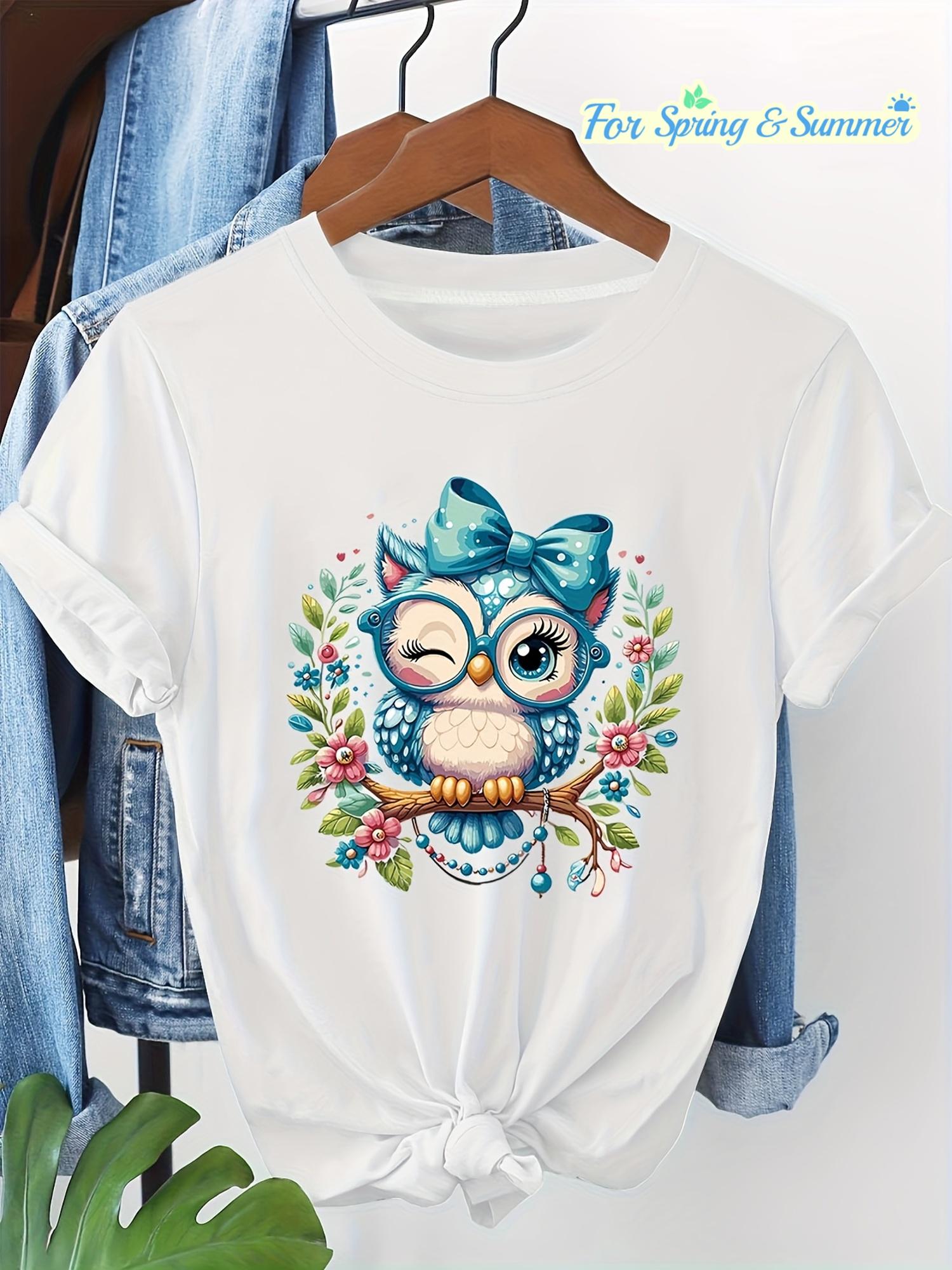 

Cute Bow Owl Floral Animal Graphic Print T-shirt. Short Sleeve Crew Neck Casual Top for Summer ; Spring. Women s Clothing M дубильная кора