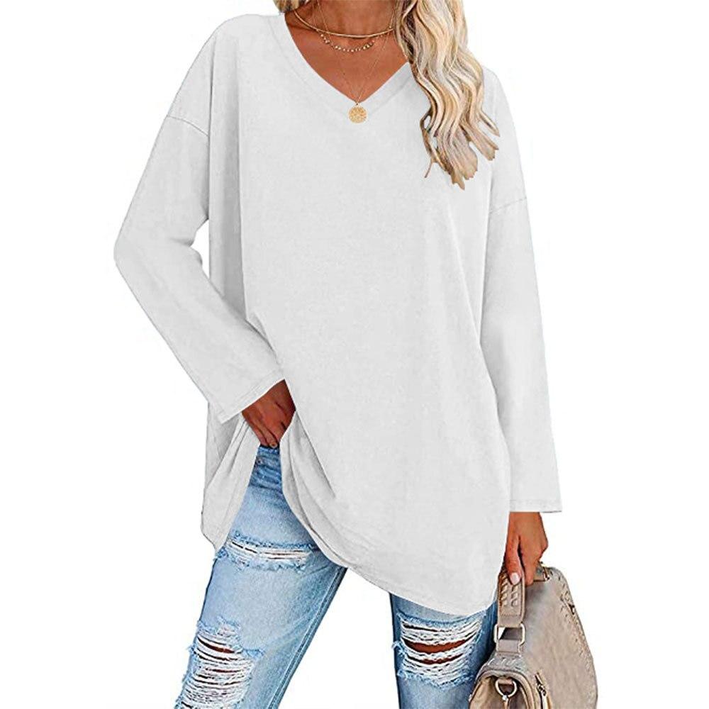 V-ausschnitt Langarm T-shirt Casual Tops Lose Baumwolle Hemd 2022 Frauen Einfarbig Weibliche Kleidung Blusas Ropa Mujer 23464