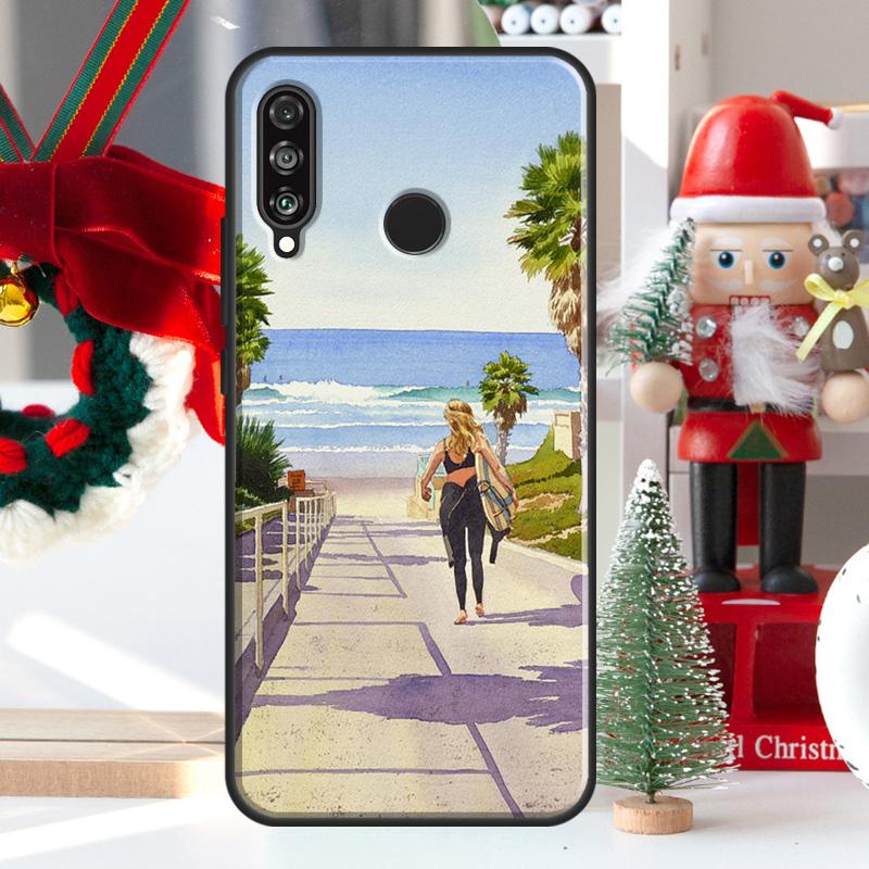HAWAII BEACH SURF GIRL SURFING ART For Huawei Nova 9 10 SE 11 Pro Y60 Y70 Y90 Y61 Y91 Y72 Y73 12i 11i 8i P20 P30 P40 Lite Case