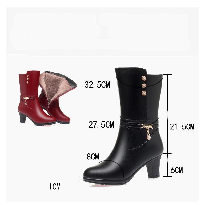 6cm Fashion Comfortable Mid Calf Soft Leather Boots Women Shoes Winter 2025 Med Block Heels Boots Warm Fur Plush Botas for Mom