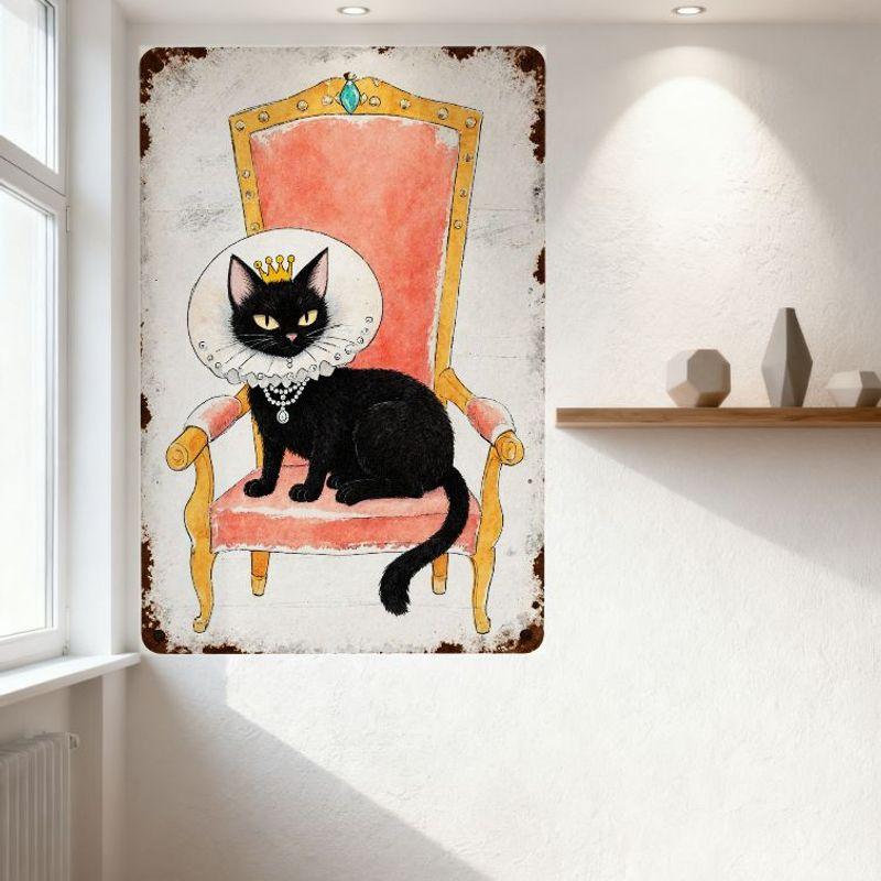 Regal Black Cat with Crown On Pink & Gold Ornate Armchair Vintage Metal Tin Sign for Home Decor, 8x12 Inch Retro Nostalgic Wall