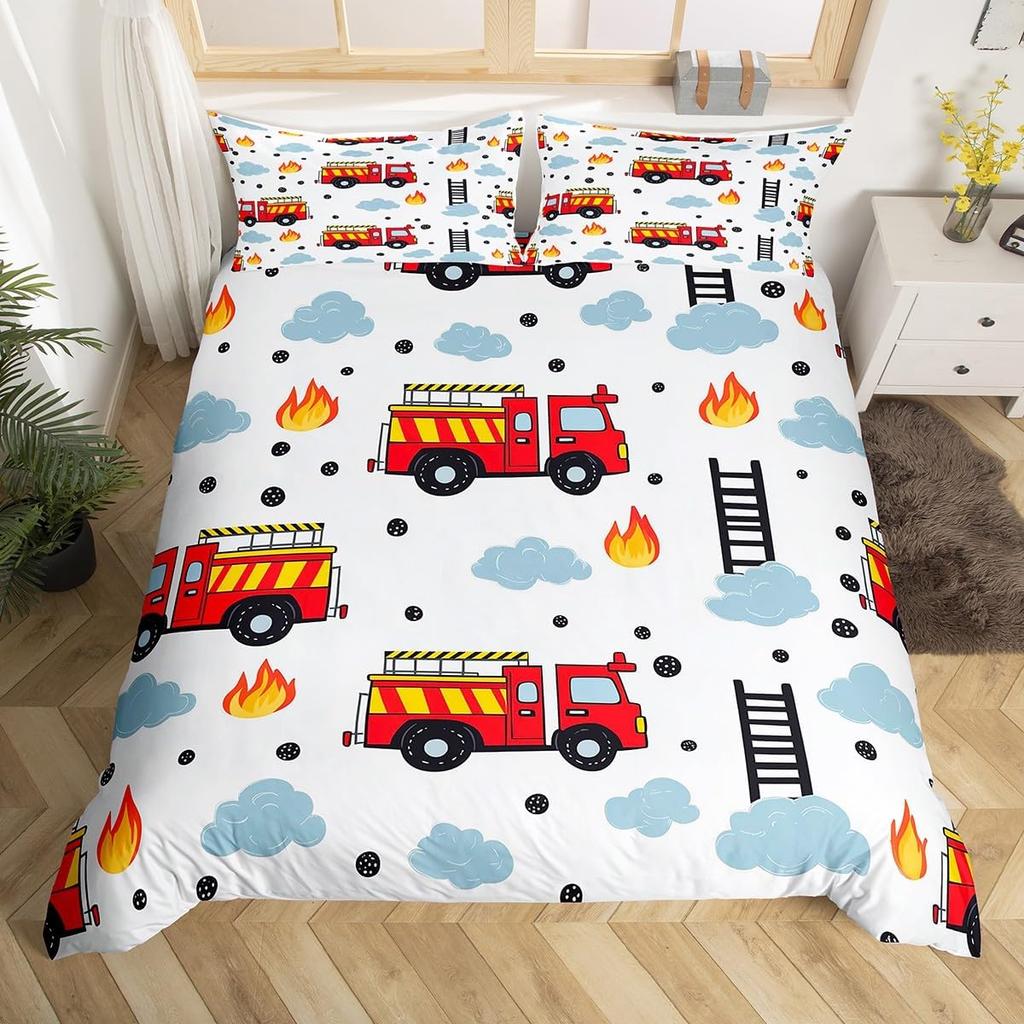 Comforter Fire Truck For Kids Boys Fire Engine Vehicle Extinguisher Fire Hydrant Print Bedding Set Microfiber Twin