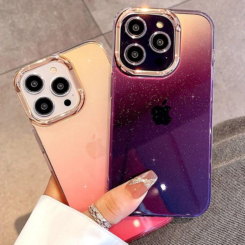 Luxury Gradient Glitter Bing Phone Case For iPhone 16 Pro Max 15 14 13 12 11 Plus Plating Transparent Shockproof Bumper Cover