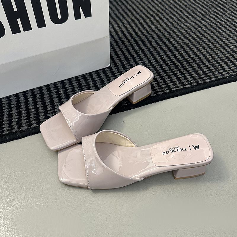 Designer Summer Patent Leather Square Toe Women Slippers Ladies Elegant Outdoor Street Style Thick Heel Slides