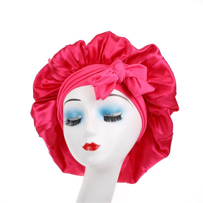 Leopard Print Wide Brim Sleep Cap with Bowknot - Faux Silk Hair Care Turban