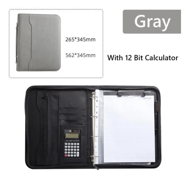 A4 PU Leather Business Padfolio Organizer Case Binder Manager Document Pad Office Zippered Briefcase File Folder with Calculator