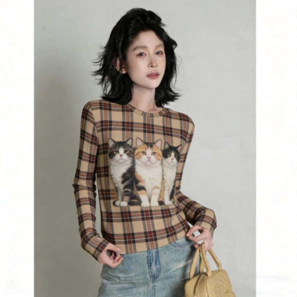 Spring Europe America Fashion Animal Cat Print Women's T-shirt Casual Pullover Women Long Sleeve Clothing Outdoor Casual Tees Top
