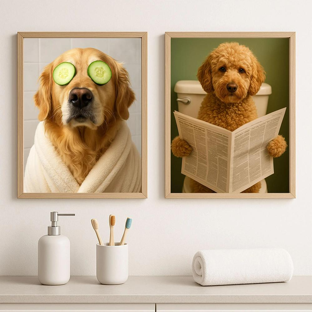 Süßer Hund auf der Toilette Lustiges Tier Badezimmer Poster Drucke Leinwandbild Moderne Wandkunst Bilder Dusche Heimdekoration