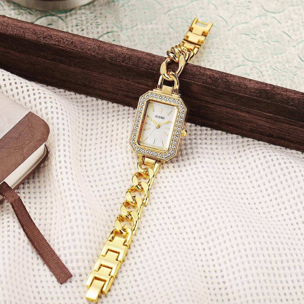 Ladies' high-value fashion bar scale square dial buckle shaped steel strip inlaid with diamonds outer shell quartz watch