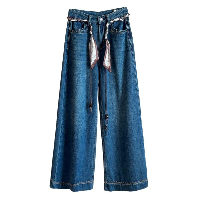 Retro embroidered high-waisted wide-leg jeans women's spring and autumn new loose drape and thin straight casual trousers