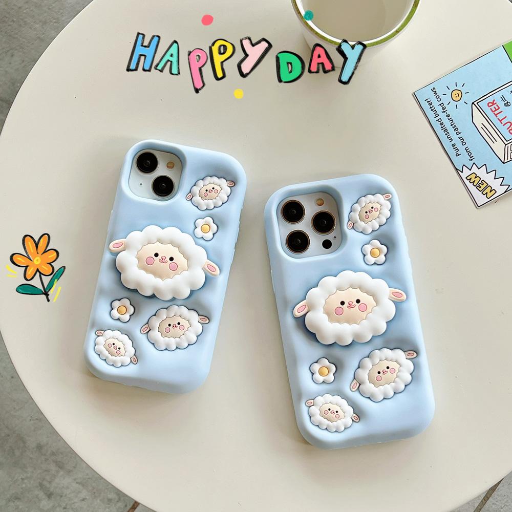 For iPhone 13 14 15 16 17 Pro Max Cute Cartoon 3D Sheep Soft Silicone Case Phone Back Cover Bracket