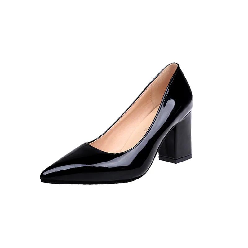 luxury Women Red Pumps Black 7.5cm High Heels Lady Patent Leather Shallow Thick Heel Autumn Pointed Shoes Slip-On Female Shoes