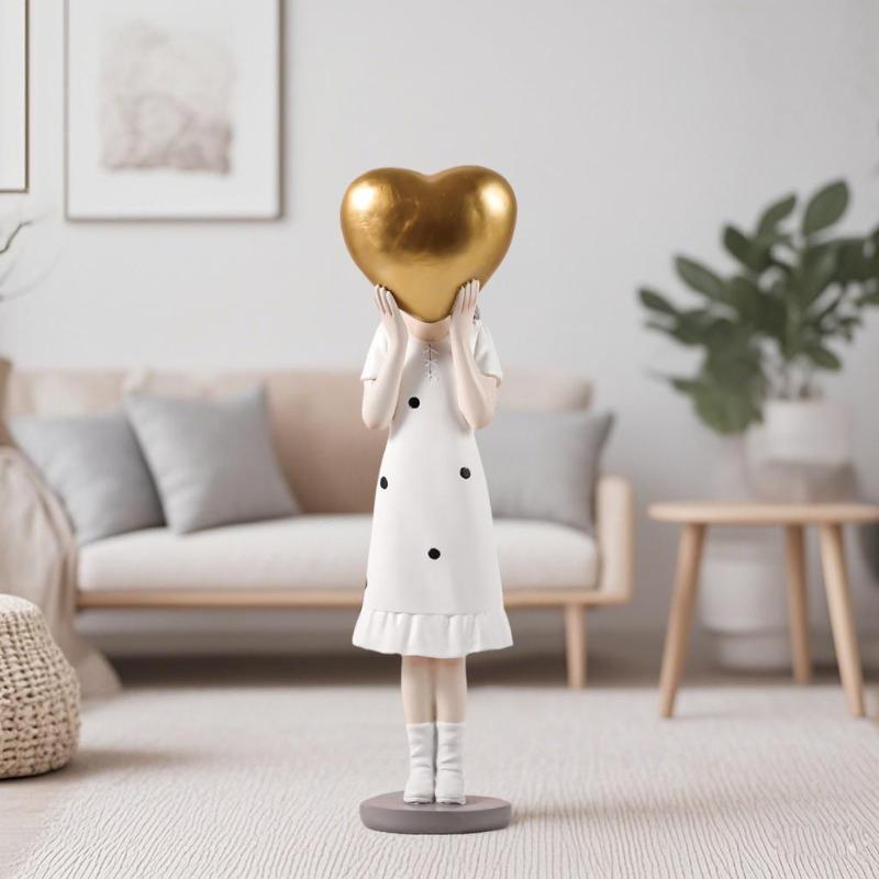 Cute Girl Statue Craft Resin Figurine Sculpture Decoration for Living Room Office or Bookshelf Heart Girl Ornament Wedding Gift