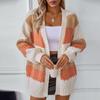 Color Blocking Striped Cardigan Sweater Casual Loose Lantern Sleeve Knit Sweater