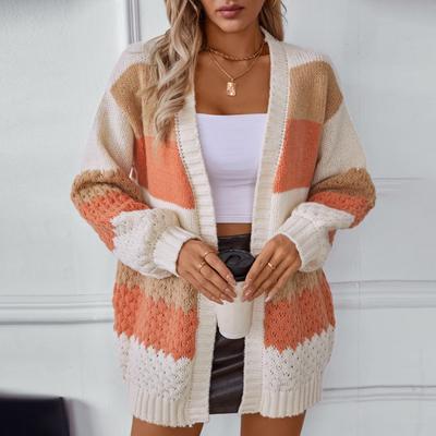 Color Blocking Striped Cardigan Sweater Casual Loose Lantern Sleeve Knit Sweater
