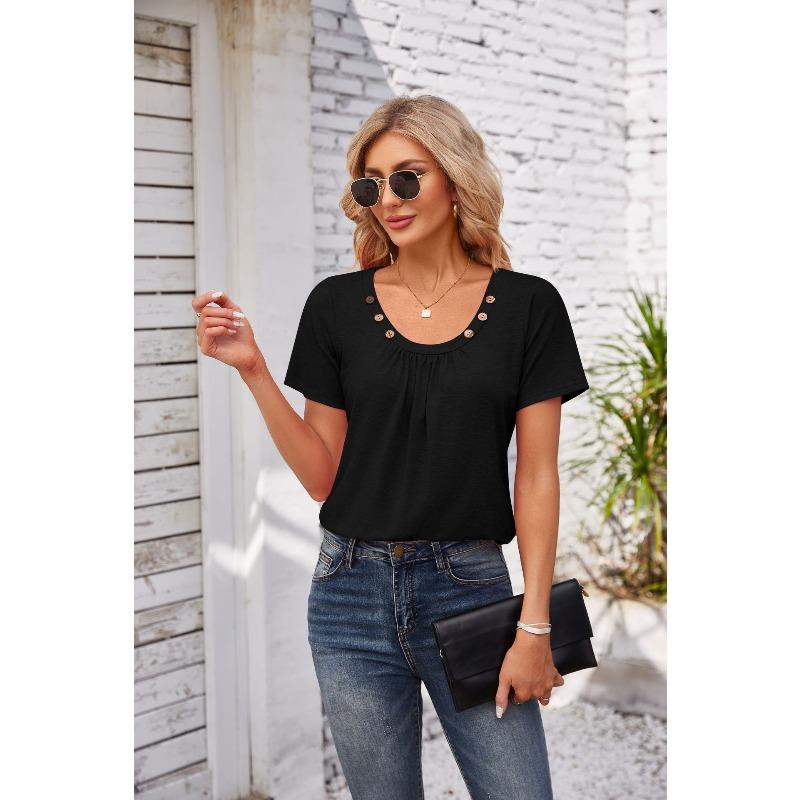 Women's Fashion Casual Solid Color Print Short Sleeve O Neck Blouses & Shirts