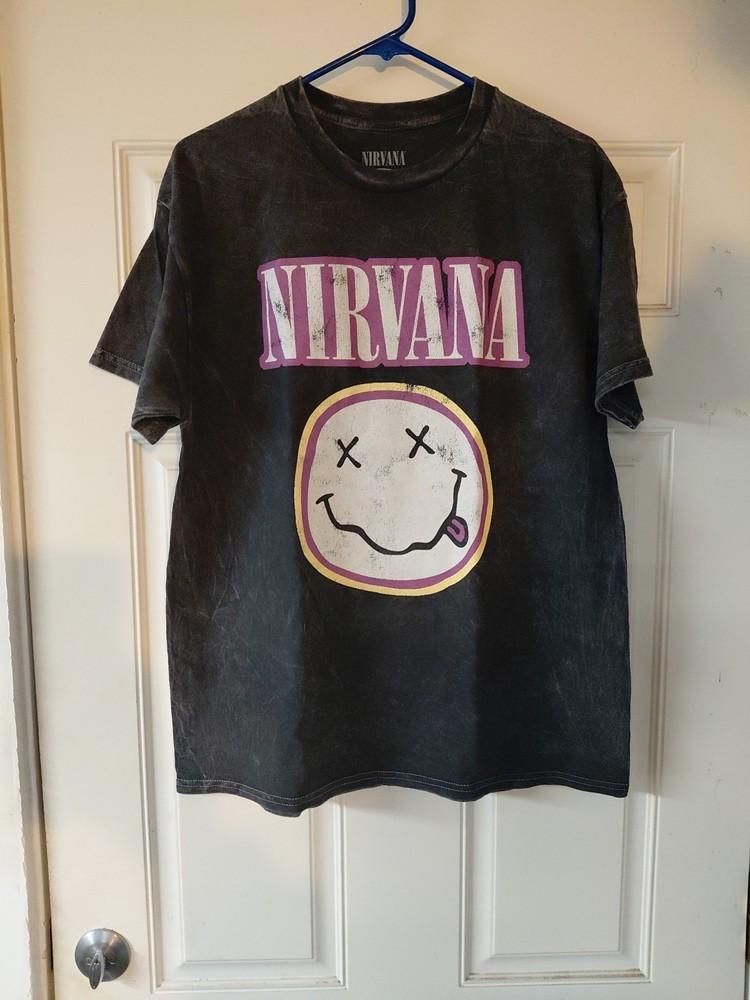 Nirvana Happy Face Graphic Tshirt Men039s Size LARGE Black Acid Wash DISTRESSED  Unisex T-Shirt XXL