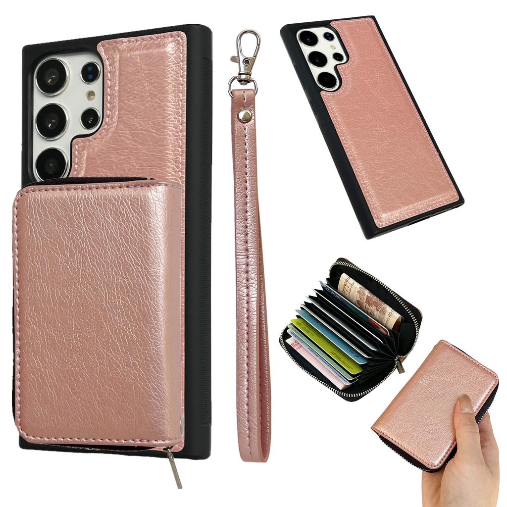 For Samsung Galaxy S25 Ultra Case Detachable Zipper Card Bag PU TPU Kickstand Phone Case with Strap