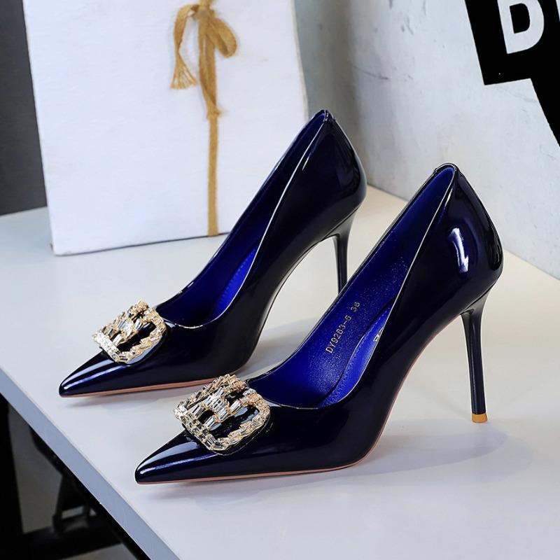 7cm-10cm High Heels For Women'S Fashion Rhinestone Pointed Head Pumps Sexy Thin Heel Patent Leather Light High Heel Single Shoes