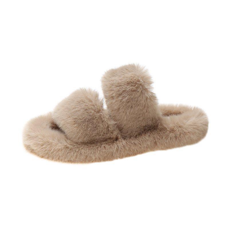 Red cotton mop versatile outer wear one-word heightening fluffy slippers women's thick bottom 2025 autumn plush net new beige
