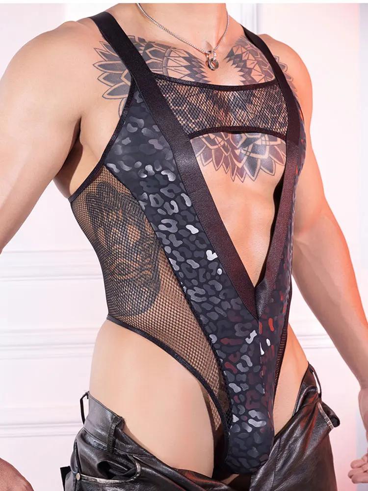 Sexy Men Hollow Out Bodysuit Tops Deep V Neck Mesh Patchwork High Cut Thong Tights Open Crotch U Bulge Pouch Sheath Man Onesize