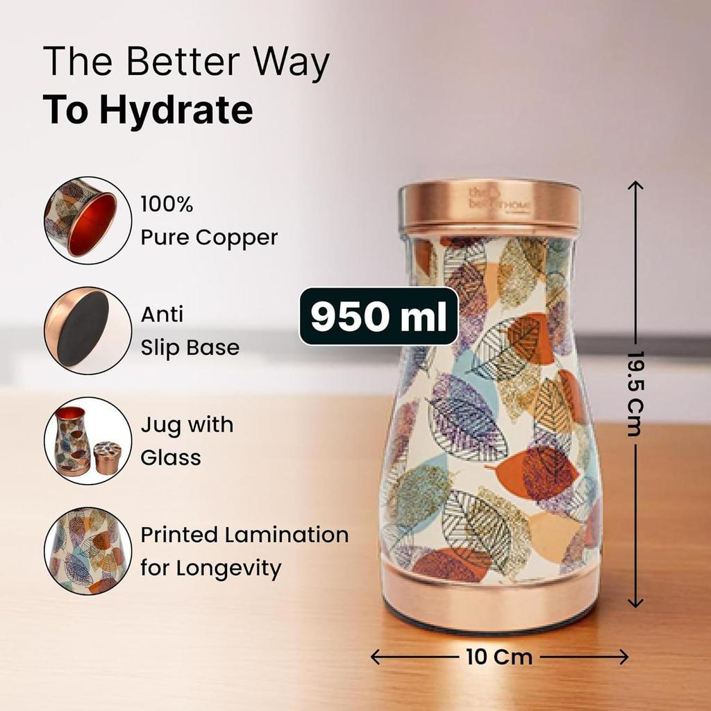 Pure Copper Water Bottle 950ml | With Copper Glass In Lid | | Antibacterial | Elegant Design | Bedside & Kitchen Use | Gift Option