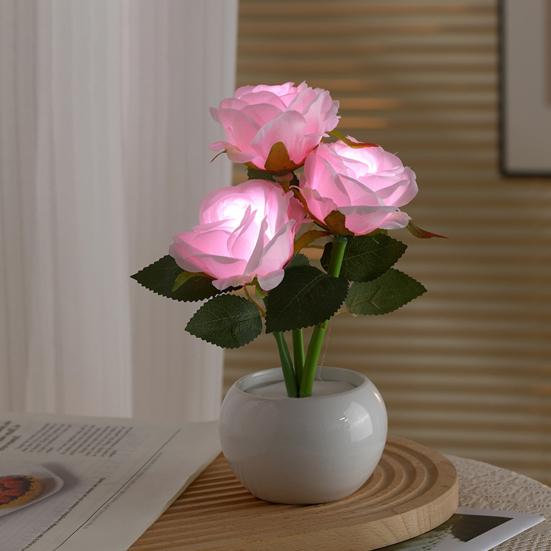 Rose Nachtlicht Künstliche Blume LED Nachttischlampe Tischlampe Kunstrose mit Keramikvase Romantisch