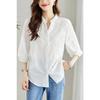 Women's White Embroidered Eyelet Blouse Stand Collar 3/4 Sleeve Casual Loose Shirt