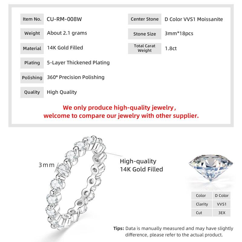 Bague Alliance Éternité Complète en Moissanite 3mm Certifiée GRA, Anneau Empilable d'Engagement pour Femmes, Or 14K Plaqué, Bijoux de Mariage Cadeaux