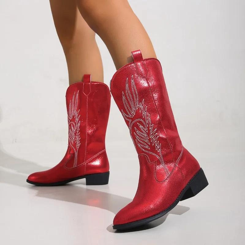 Western Cowboy Boots 2024 Winter Fashion Mid-calf Women's Boots Retro Pointed Toe Slip-on Mid Heel Pink Boots Shoes for Women