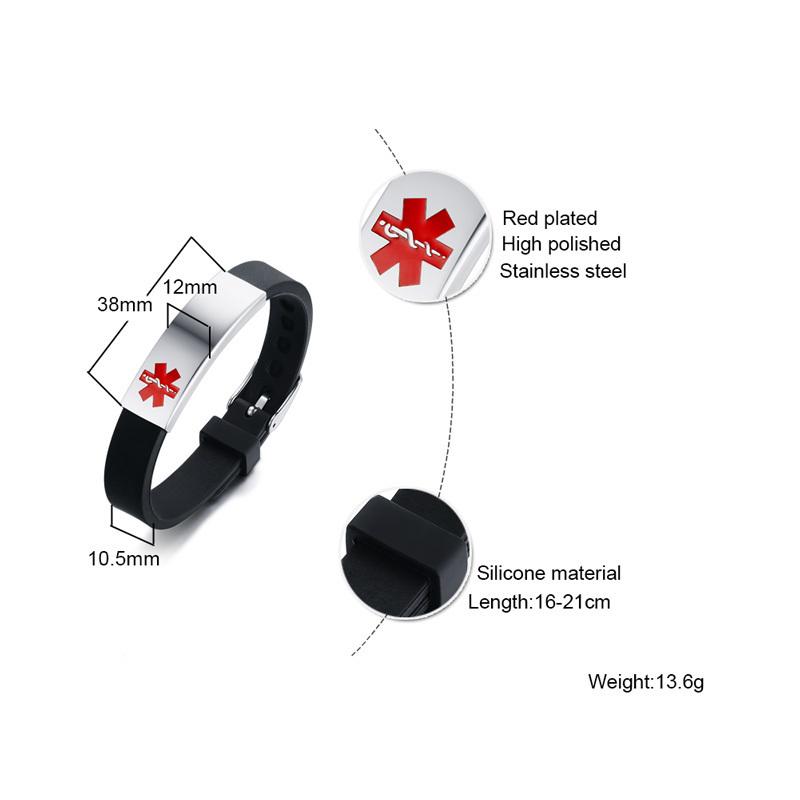 DIABETES EPILEPSY ALLERGY COPD ALLERGY WARFARIN  ASTHMA PACEMAKER Men's Black Silicone Adjustable Medical Alert ID Bracelet