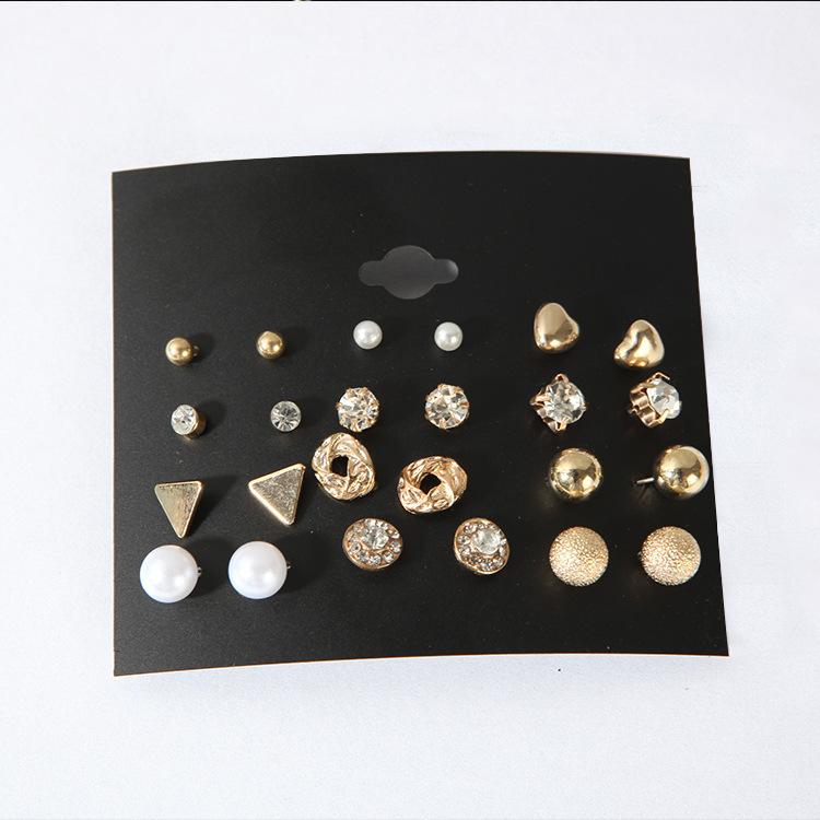 European and American Metal Earrings Set, 12 Pairs of Square Zircon Earrings, Heart-set Diamond Earrings