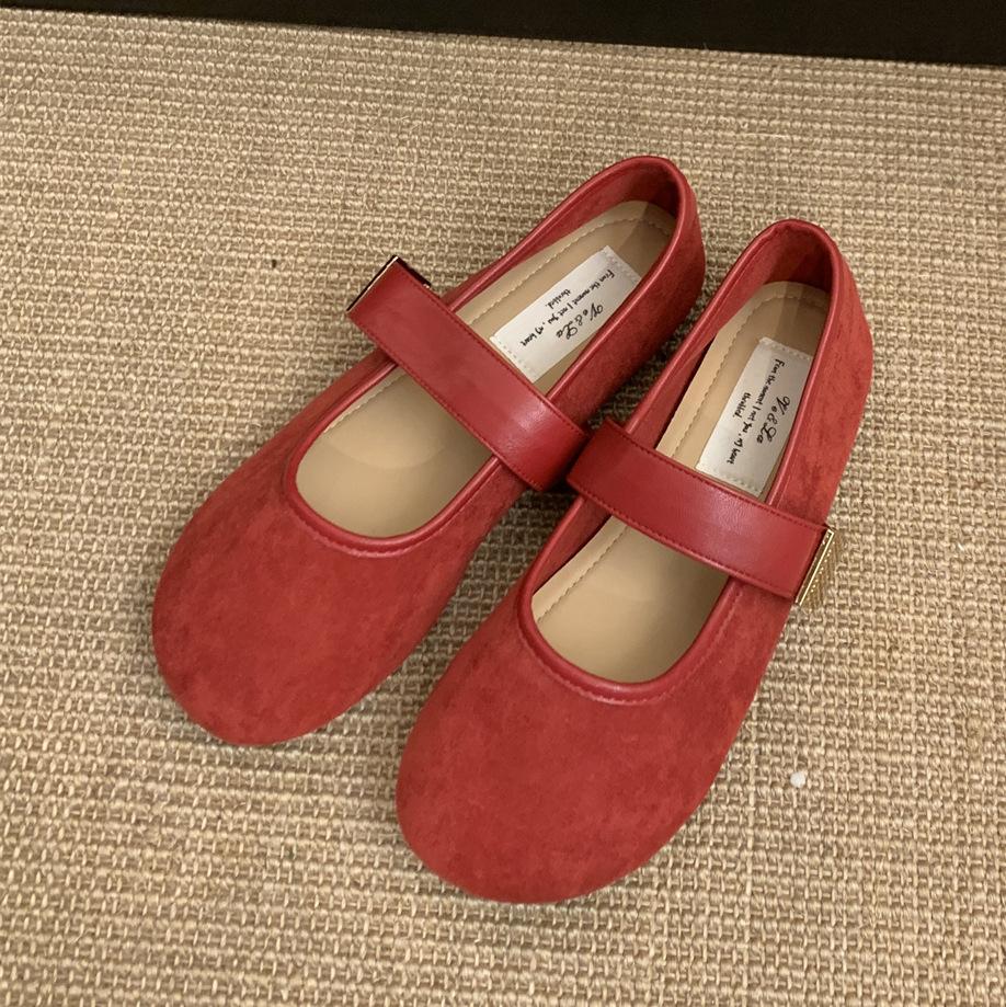 Suede red light mouth single shoes female spring and autumn new retro gentle fairy style casual soft flat Mary Jane shoes