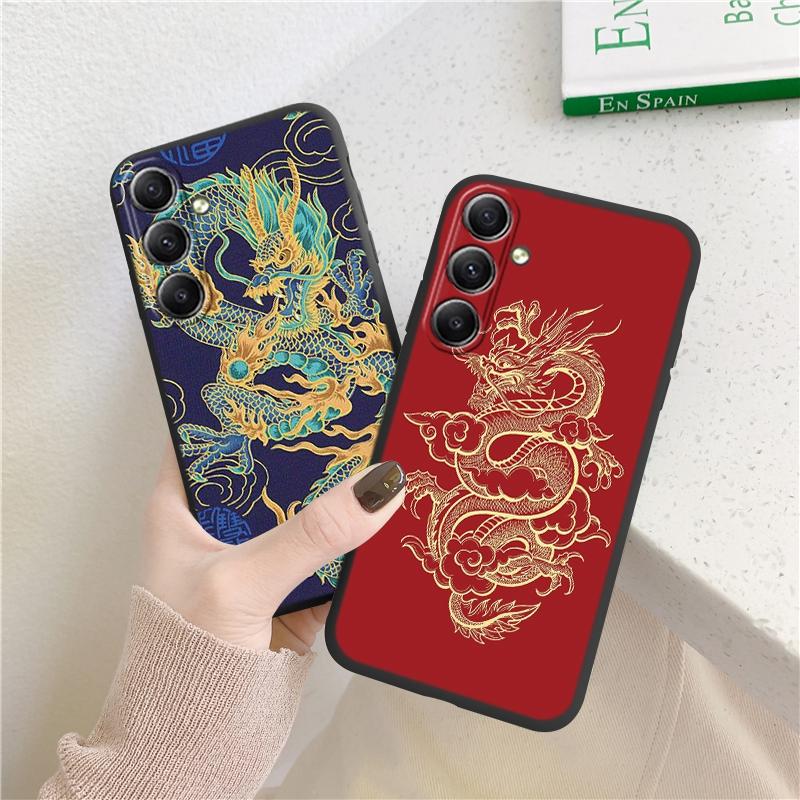 Chines Loong Patterned Soft Silicone Black Case For Xiaomi Redmi Note 13 Pro 13C Poco C65 Samsung A55 S24 iPhone Camera Protective Shockproof Cover