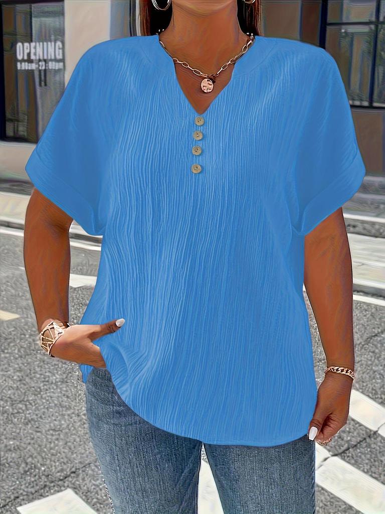 Plus Size Women's Solid V-Neck Buttoned Short Sleeve Top - Comfortable & Loose Fit, 2025 Collection.