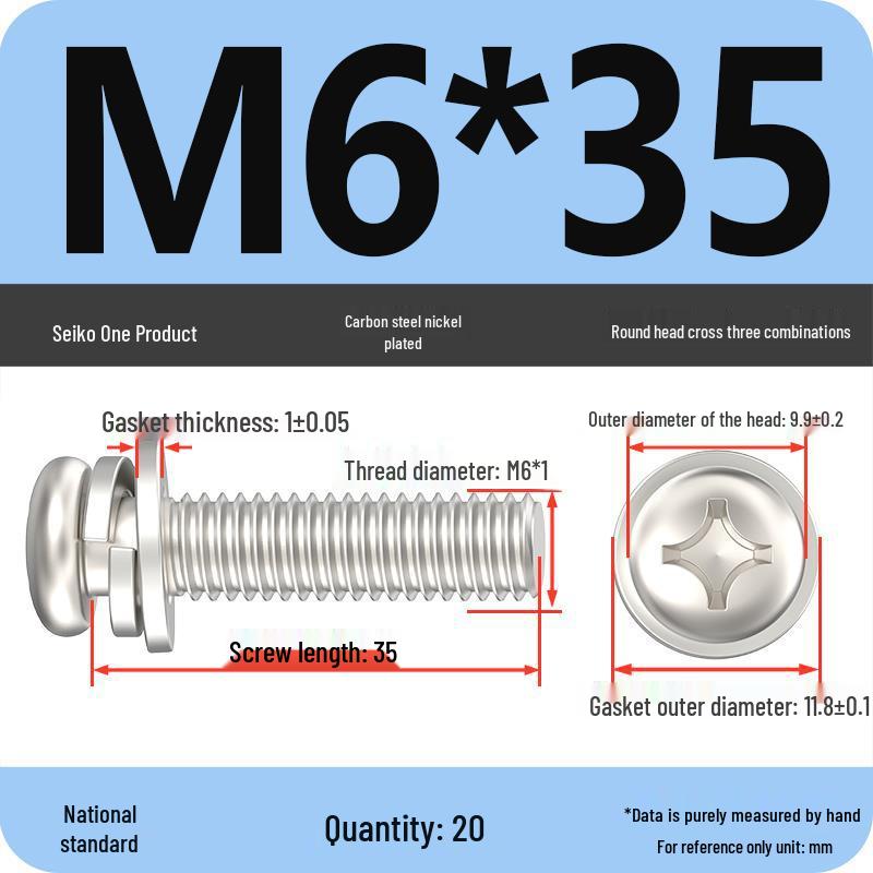 Nickel-Plated Phillips Pan Head Screw with Washer, M2-M6 Thread