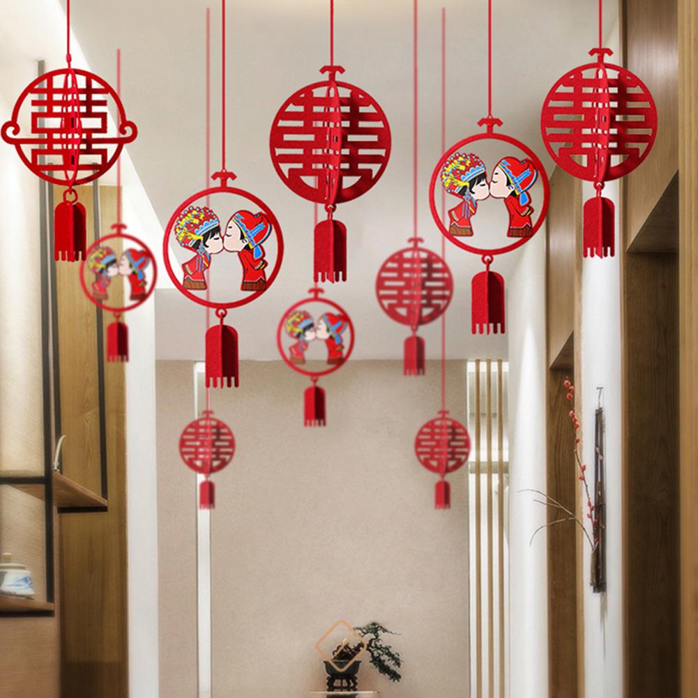 Fashion Ornaments Festival 12Pcs Chinese 3D Out Letter Hollow Cloth Xi Pendant Hanging Wedding Decoration