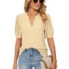 Summer Women's T-shirt Casual V-neck Solid Color Hollowed Out Bubble Sleeve Loose T-shirt Tops Female