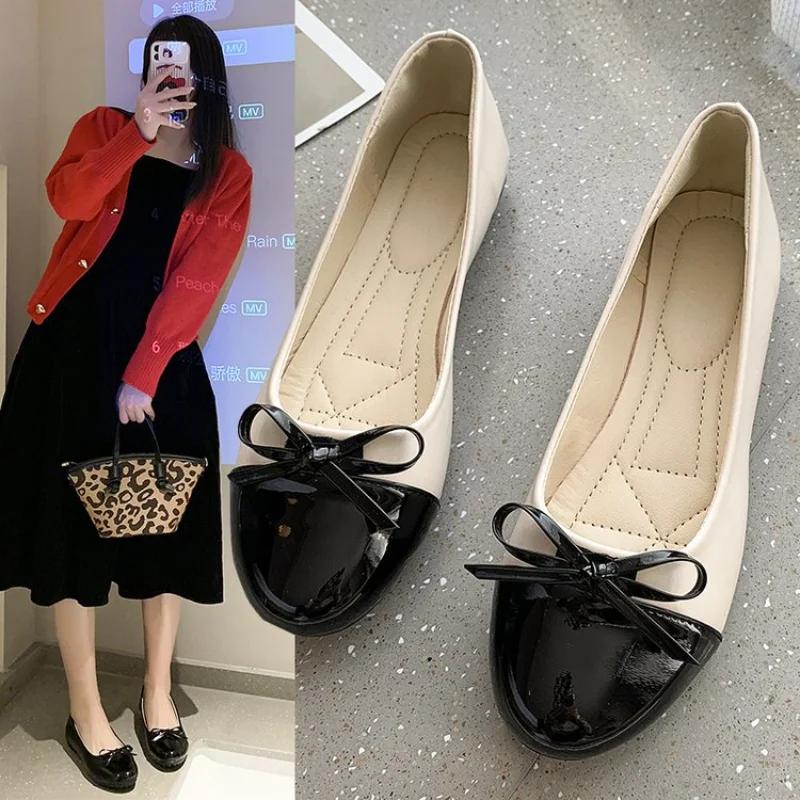 Loafers Shoes Women's Light Mouth Color blocked Korean Edition 2025 New Round Head Flat Bottom Bow Single Shoe