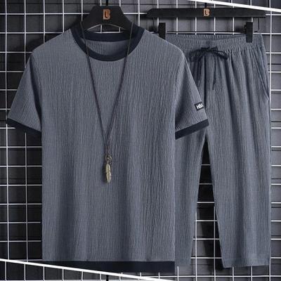 Men's Ice Silk Summer Casual Sports Suit with Graphic Text and Drawstring Shorts