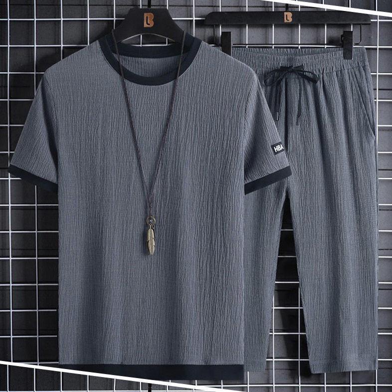 Men's Ice Silk Summer Casual Sports Suit with Graphic Text and Drawstring Shorts