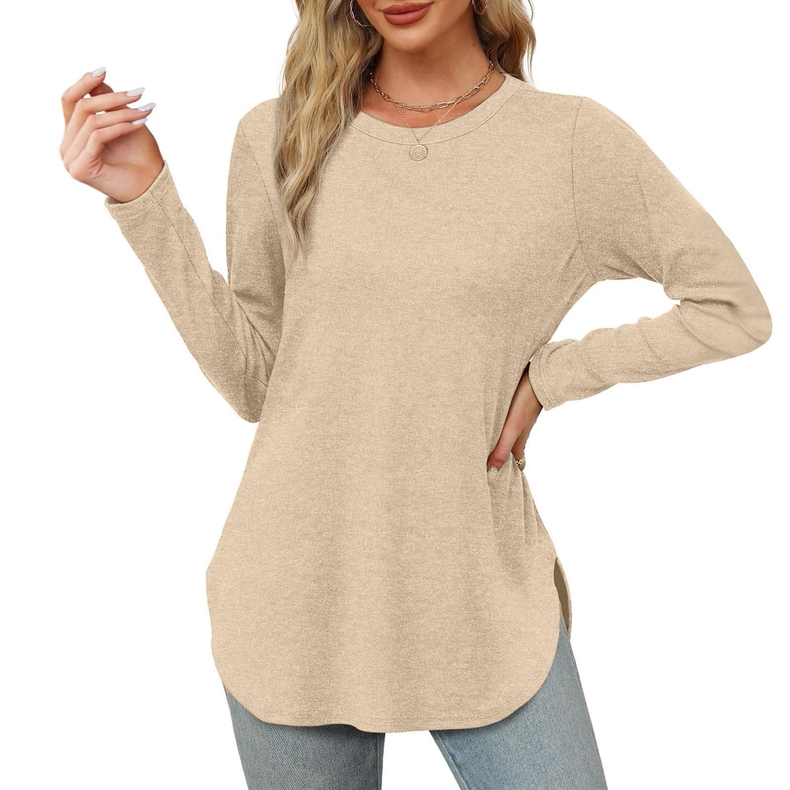 

Женские рубашки с длинным рукавом и круглым вырезом, базовые свободные туники с боковым разрезом, повседневные рубашки L бежевый