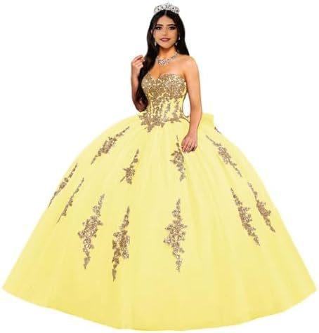 Gold Lace Applique Adult Dress Fluffy Strapless Tube Top Tulle Ball Dress Glitter Princess Dress Dress